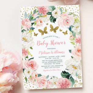 Pink Gold Floral Butterfly Girl Baby Shower Invitation
