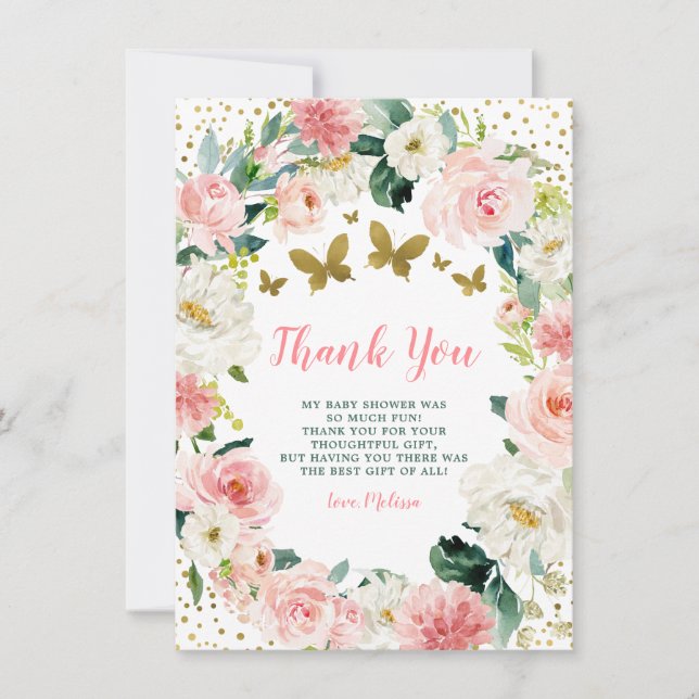Pink Gold Floral Butterfly Girl Baby Shower Thank You Card (Front)