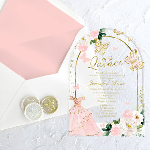 Pink Gold Floral Butterfly Quinceañera  Acrylic Invitations