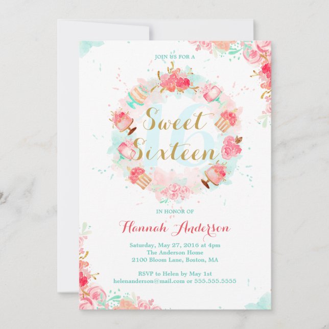 Pink Gold Floral Cake Wreath Sweet Sixteen Invite (Front)