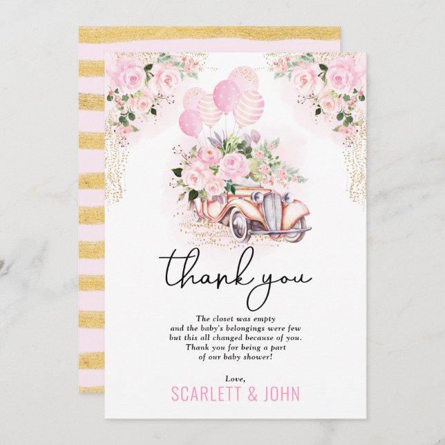 Pink Gold Floral Car Drive By Baby Girl Shower Thank You Card (Front/Back)