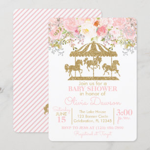 Pink & Gold Floral Carousel Girl Baby Shower Invitation