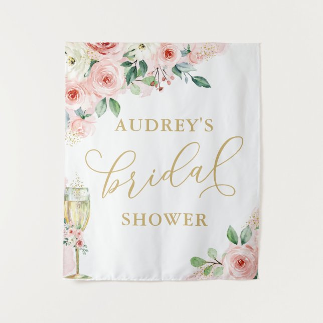 Pink Gold Floral/Champagne Glass Shower Backdrop Tapestry (Front)