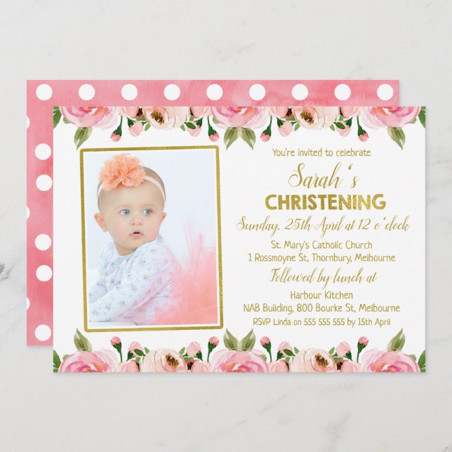 Pink Gold Floral Christening invitation (Front/Back)