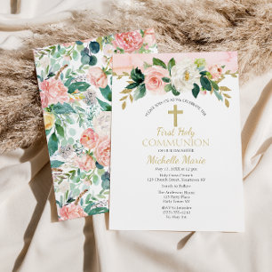 Pink Gold Floral Cross First Holy Communion Girl Invitation