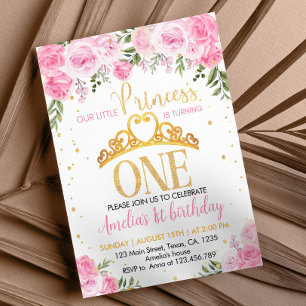 Pink Gold Floral Crown Princess 1st Birthday Invitation