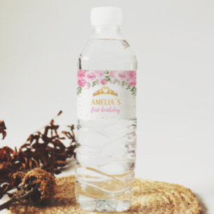 Pink Gold Floral Crown Princess Birthday Water Bottle Label