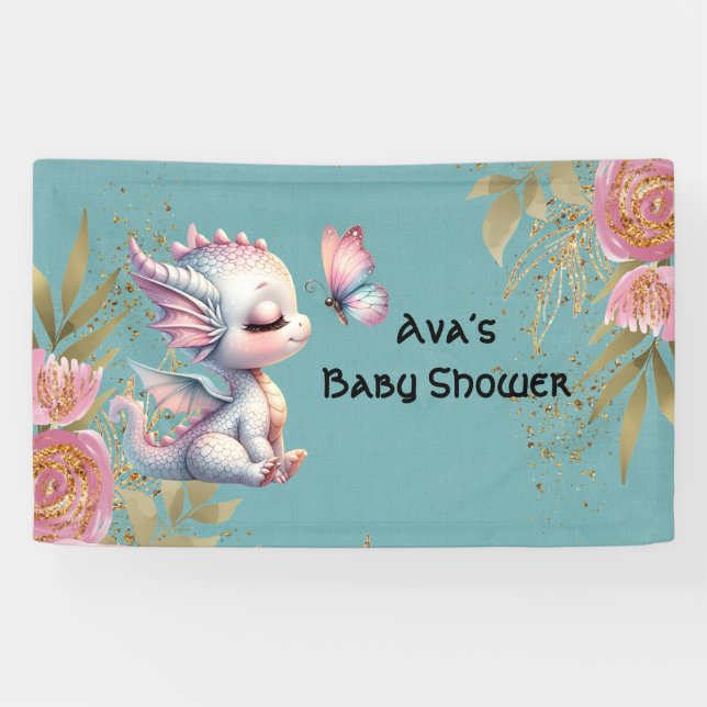 Pink Gold Floral Dragon Butterfly Girl Baby Shower Banner (Horizontal)