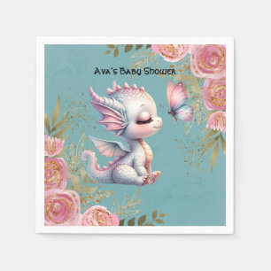 Pink Gold Floral Dragon Butterfly Girl Baby Shower Napkin