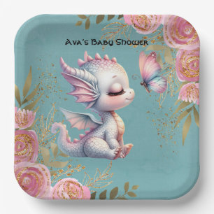 Pink Gold Floral Dragon Butterfly Girl Baby Shower Paper Plate