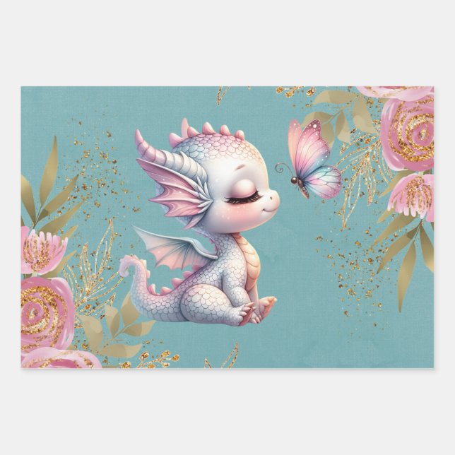 Pink Gold Floral Dragon Butterfly Girl Baby Shower Wrapping Paper Sheet (Front)