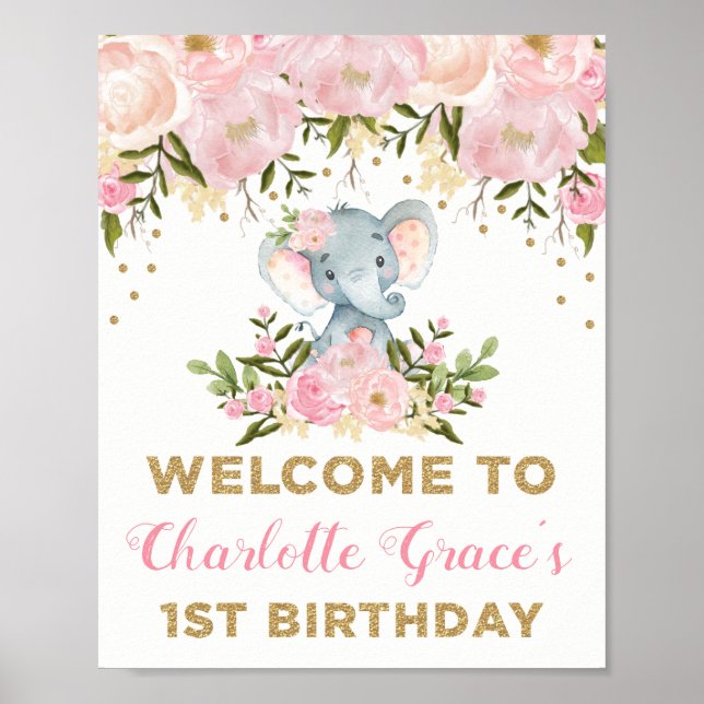 Pink Gold Floral Elephant 1st Birthday Welcome Poster (Front)
