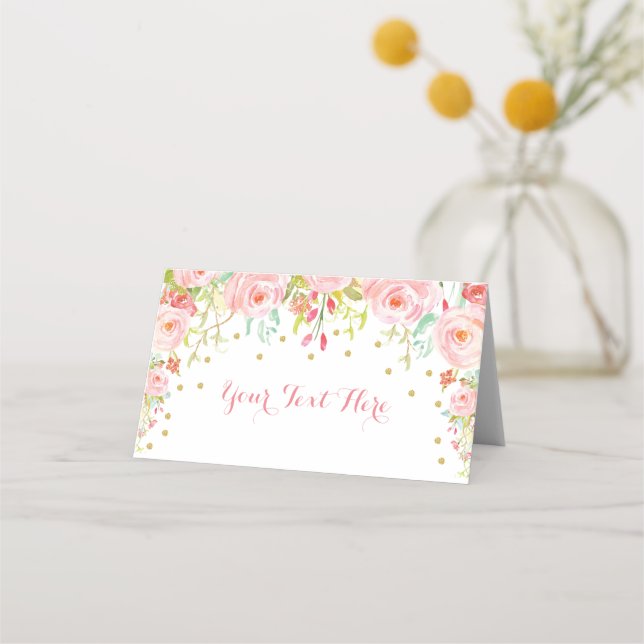 Pink Gold Floral Elephant Baby Shower Birthday Place Card (Front)