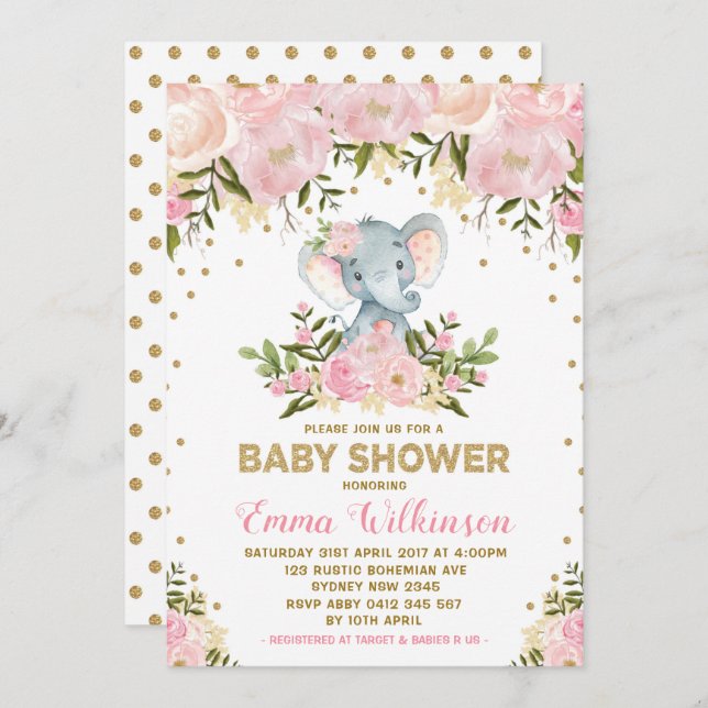 Pink & Gold Floral Elephant Baby Shower Invitation (Front/Back)