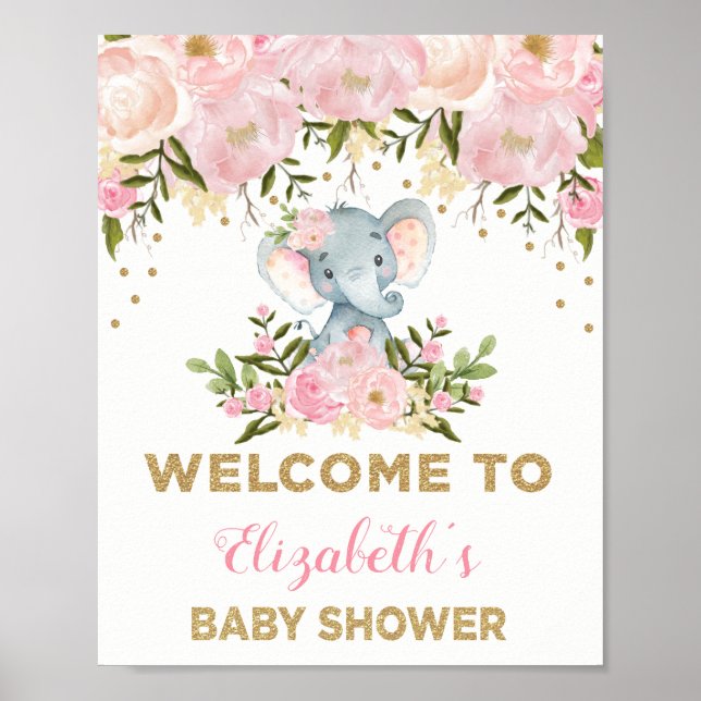 Pink Gold Floral Elephant Baby Shower Welcome Sign (Front)