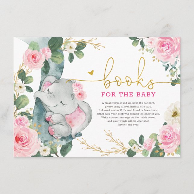 Pink Gold Floral Elephant Books for Baby Girl Enclosure Card (Front)