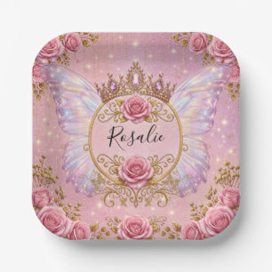 Pink & Gold Floral Fairy Princess Roses Butterfly Paper Plate