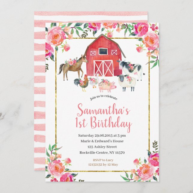Pink Gold Floral Farm 1st Birthday Invitation (Front/Back)