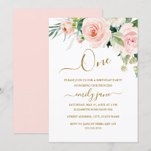 Pink Gold Floral First 1st Birthday Party Invitation
