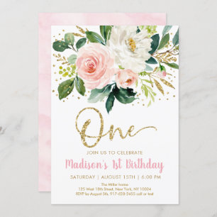 Pink Gold Floral First Birthday Invitation