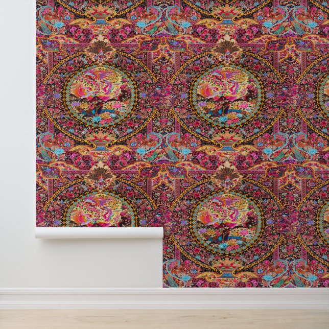 Pink gold floral flowers persian peel and stick wallpaper (Application)