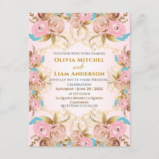 Pink & Gold Floral Frame Wedding Postcard
