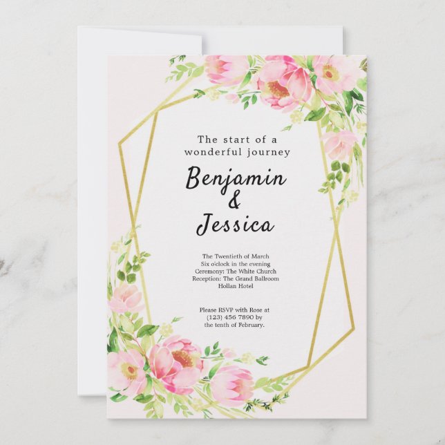 Pink & Gold Floral Geometric Wedding Invitation (Front)