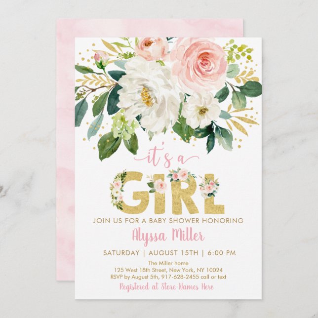 Pink Gold Floral Girl Baby Shower Invitation (Front/Back)