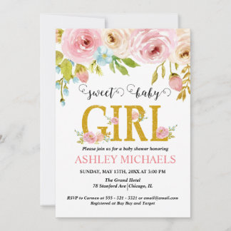 Pink Gold Floral Girl Baby Shower Invitation