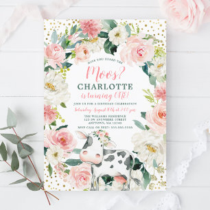 Pink Gold Floral Girl Cow 1st Birthday Invitation