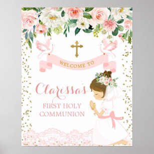 Pink Gold Floral Girl First Communion Welcome Sign
