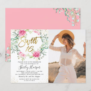 Pink Gold Floral Greenery Sweet 16 Birthday Photo Invitation