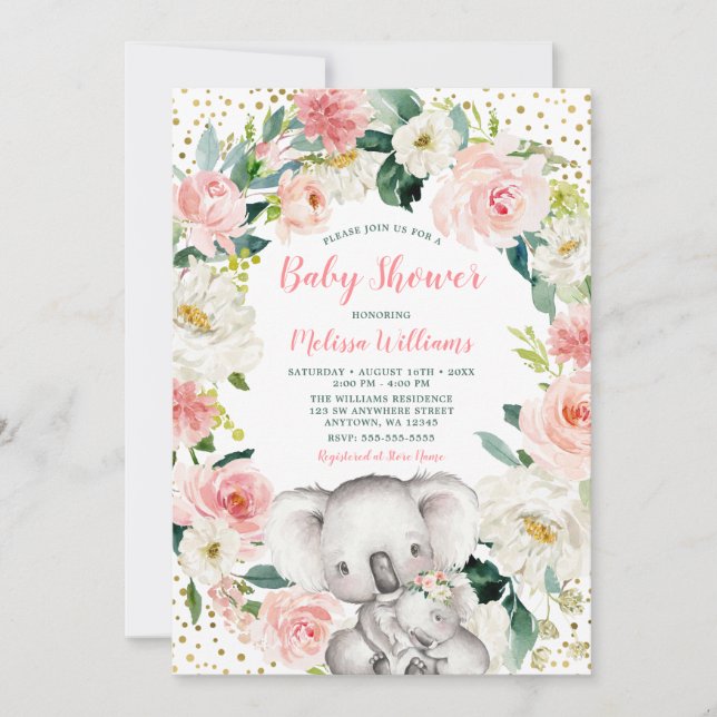 Pink Gold Floral Koala Girl Baby Shower Invitation (Front)