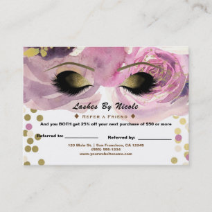 Pink Gold Floral Lashes Refer Friend Aftercare Referral Card