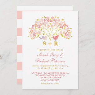 Pink Gold Floral Love Bird Wedding Invitation