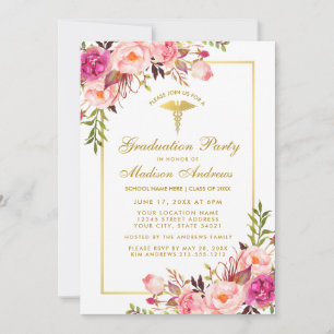 Pink Gold Floral Medical Grad Party Invitation