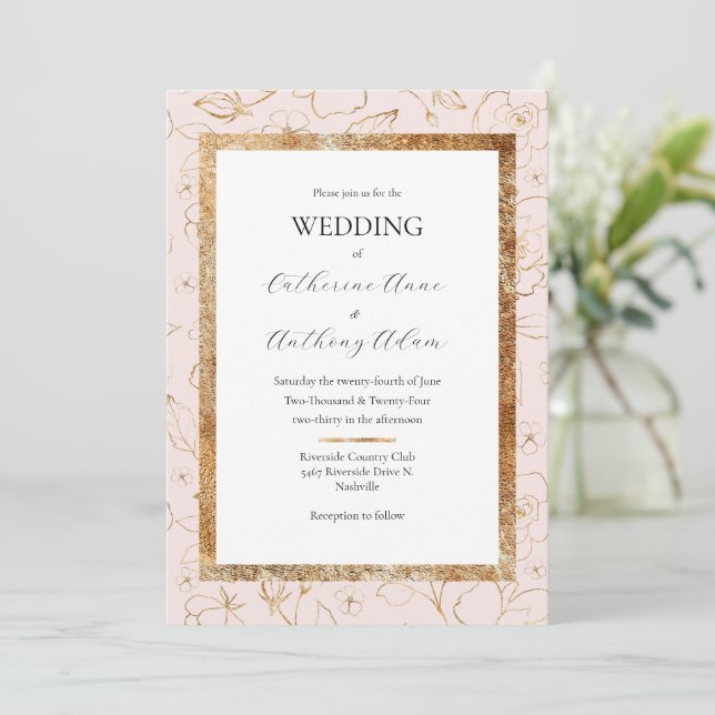 Pink Gold Floral Modern Wedding  Invitation (Standing Front)