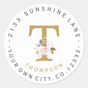 Pink Gold Floral Monogram Circular Address Label