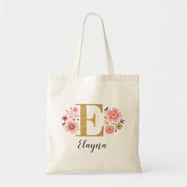 Pink Gold Floral Monogram Letter "E" Tote Bag (Front)
