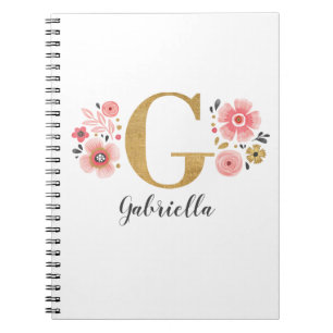 Pink Gold Floral Monogram Letter G Notebook