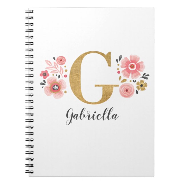Pink Gold Floral Monogram Letter G Notebook (Front)