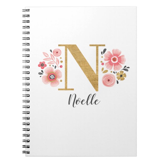 Pink Gold Floral Monogram Letter N Notebook (Front)