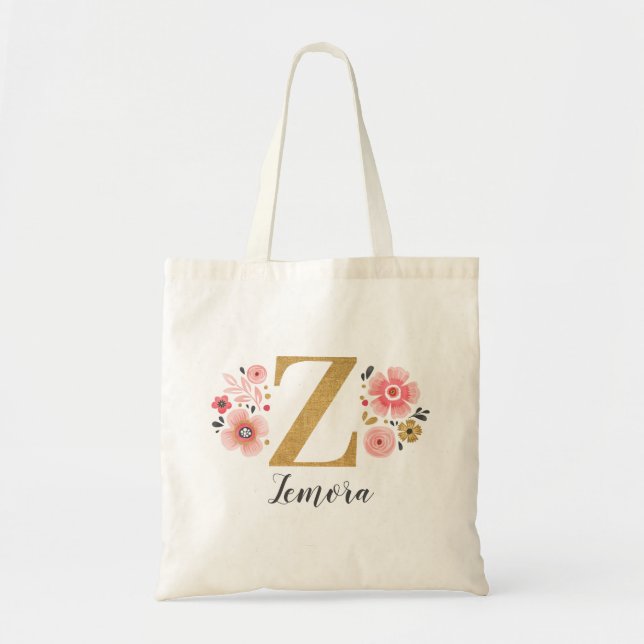 Pink Gold Floral Monogram Letter "Z" Tote Bag (Front)