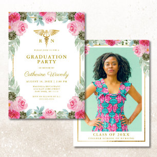 Pink Gold Floral Nursing School Photo Graduation Invitation