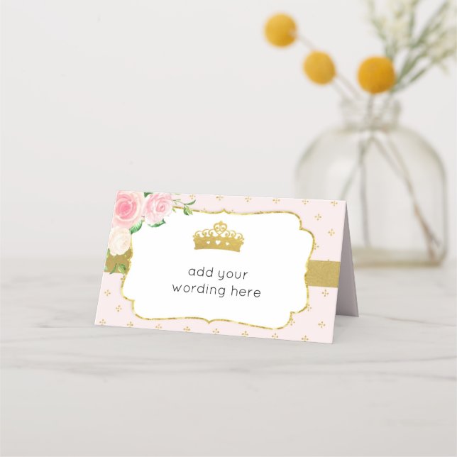 Pink & Gold Floral Princess Crown Place Card (Front)