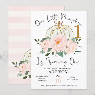 Pink Gold Floral Pumpkin 1st Birthday Invitation