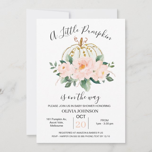  Pink Gold Floral Pumpkin Baby Shower Invitation (Front)