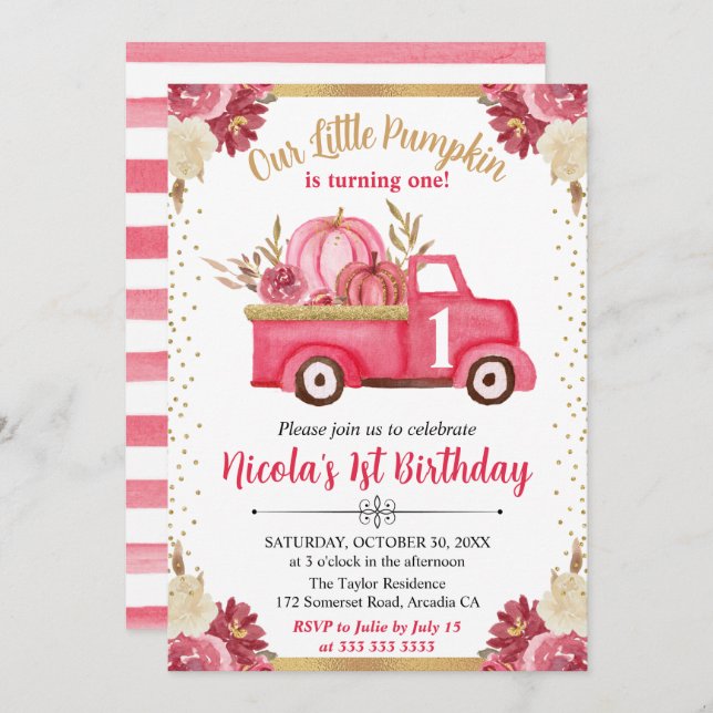 Pink & Gold Floral Pumpkin Truck Fall 1st Birthday Invitation (Front/Back)
