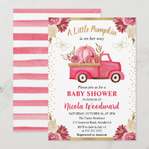Pink & Gold Floral Pumpkin Truck Fall Baby Shower Invitation