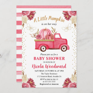 Pink & Gold Floral Pumpkin Truck Fall Baby Shower Invitation